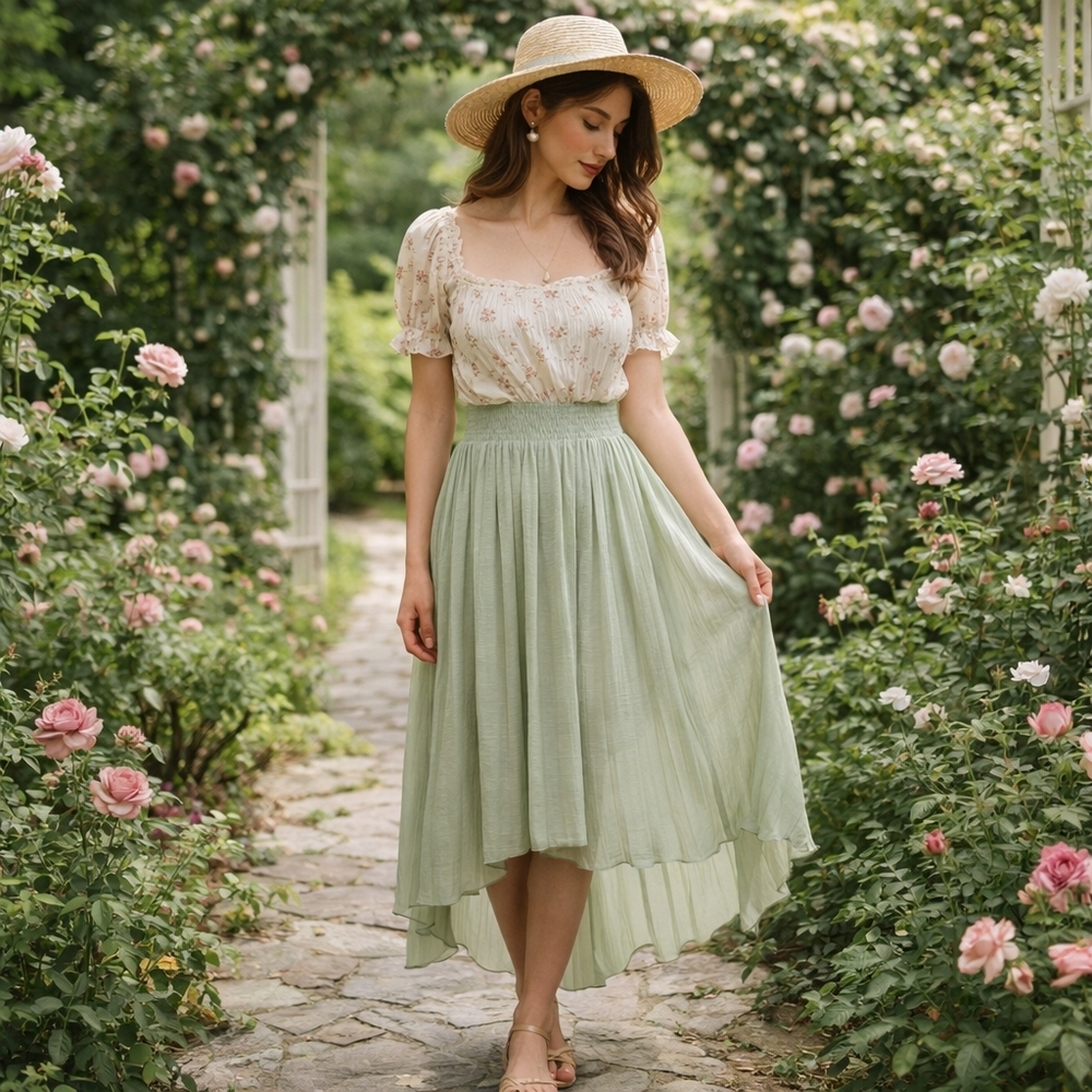 Zara Sage Green High-Low Pleated Cottagecore Skirt SZ Medium
